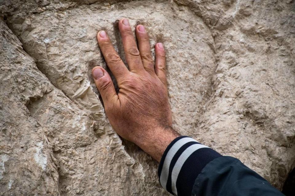 A researcher holds his hand against the carving.