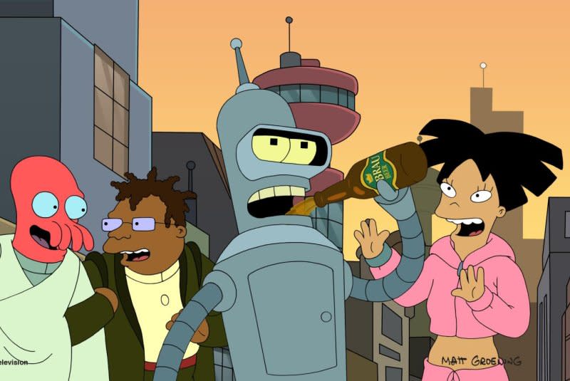 From left, Zoidberg, Hermes, Bender and Amy celebrate the return of "Futurama." Photo courtesy of Hulu