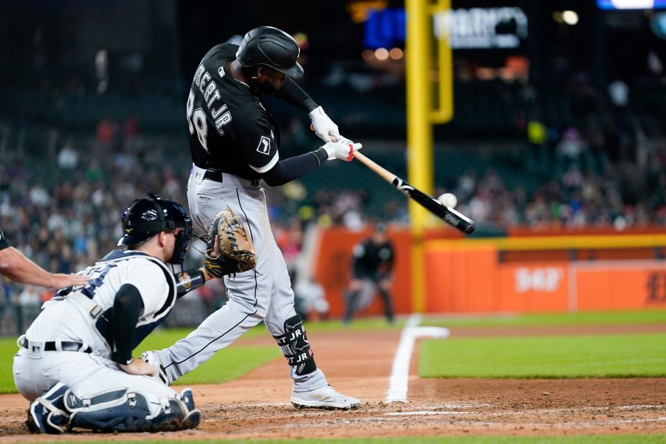 Chicago White Sox's Luis Robert Jr. hits a double against the Detroit Tigers in the seventh inning at Comerica Park in Detroit on Friday, Sept. 8, 2023.