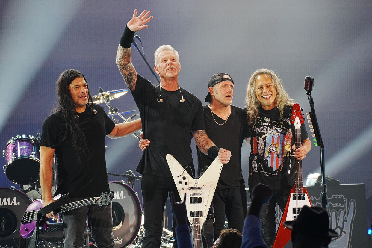 (L-R) Robert Trujillo, James Hetfield, Lars Ulrich, and Kirk Hammett of Metallica perform onstage as Metallica Presents: The Helping Hands Concert on Dec. 16, 2022. (Photo: Jeff Kravitz/Getty Images for P+ and MTV)