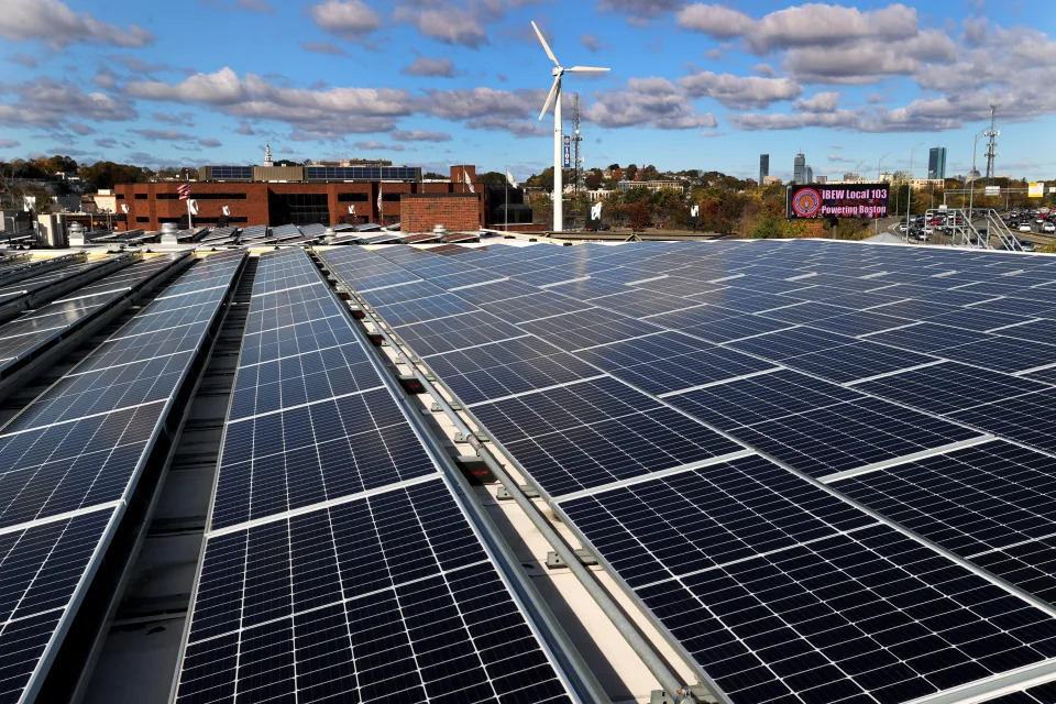 Boston, MA - October 27: Newly installed Nexamp solar energy panels at the Local 103 headquarters in Dorchester. (Photo by David L. Ryan/The Boston Globe via Getty Images)