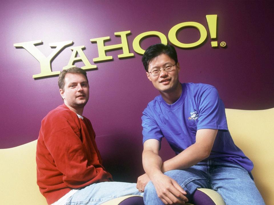 Yahoo founders David Filo (left) and Jerry Yang pose for a photo in their office in Santa Clara, California, in 1999.