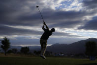 Paul Barjon hits from the ninth tee during the third round of the American Express golf tournament on the Pete Dye Stadium Course at PGA West on Saturday, Jan. 22, 2022, in La Quinta, Calif. (AP Photo/Marcio Jose Sanchez)