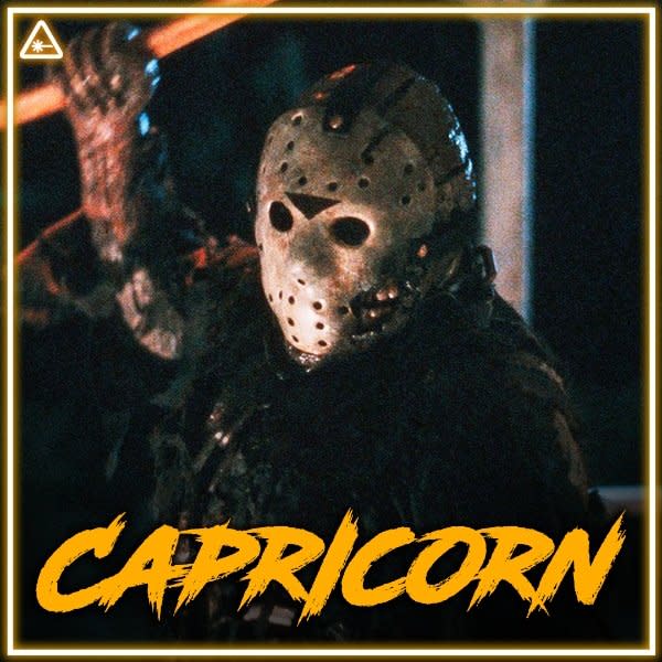 image of jason voorhees horror villain with capricorn in scrawling orange letters at the bottom for his zodiac sign