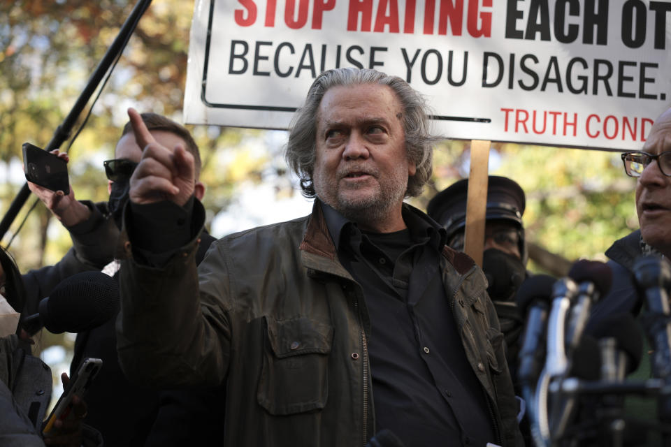 Former Trump White House adviser Steve Bannon and his lawyer David Schoen speak to reporters outside the E. Barrett Prettyman Federal District Court House on Nov. 15 in Washington