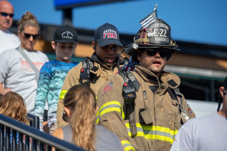 Jackson firefighters Chris Hansen and Robert Johnson participate in the stair climb, decked in full fire gear during the 2nd Annual Patriot Day Memorial Stair Climb at the Ballpark at Jackson on Saturday, Sep. 9, 2023.