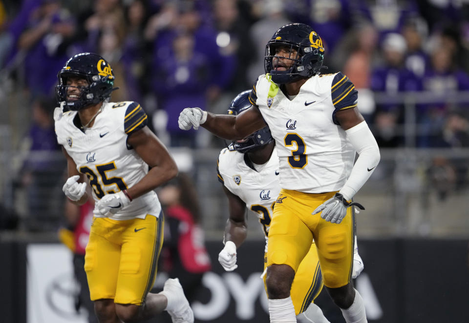 California wide receiver Jeremiah Hunter (3) celebrates his touchdown against Washington during the first half of an NCAA college football game Saturday, Sept. 23, 2023, in Seattle. (AP Photo/Lindsey Wasson)