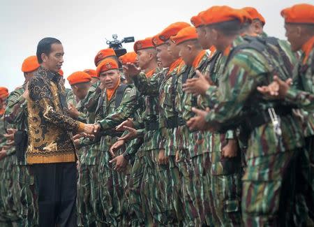 Indonesia President Joko Widodo (L) shakes hands with special unit of Indonesia Air Force soldiers in Bandung, Indonesia West Java province, November 15, 2016 in this photo taken by Antara Foto. Antara Foto/Yudhi Mahatma/ via REUTERS