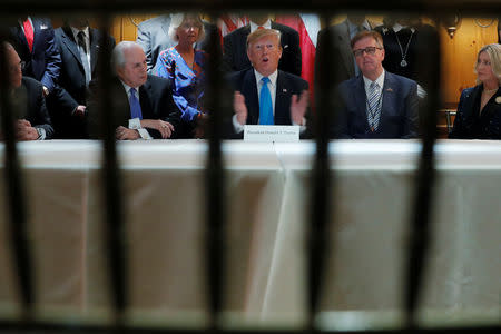 U.S. President Donald Trump talks about the U.S.-Mexico border during a fundraising roundtable with campaign donors in San Antonio, Texas, U.S. April 10, 2019. REUTERS/Carlos Barria