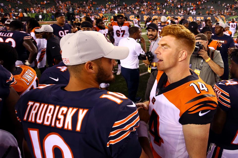 Andy Dalton (14) is apparently replacing Mitchell Trubisky as the Bears' starting quarterback for 2021.