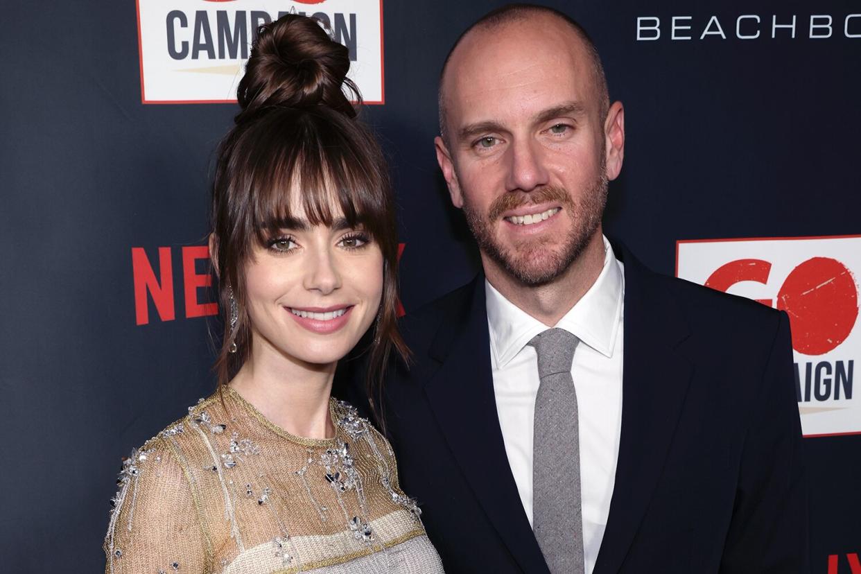 Lily Collins and Charlie McDowell attend the GO Campaign 15th Annual GO Gala hosted by Lily Collins at City Market Social House on October 08, 2022 in Los Angeles, California.