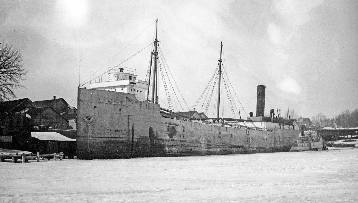 Lake freighter J. B. John laid up for winter on west side of Round Lake, 1923-24.