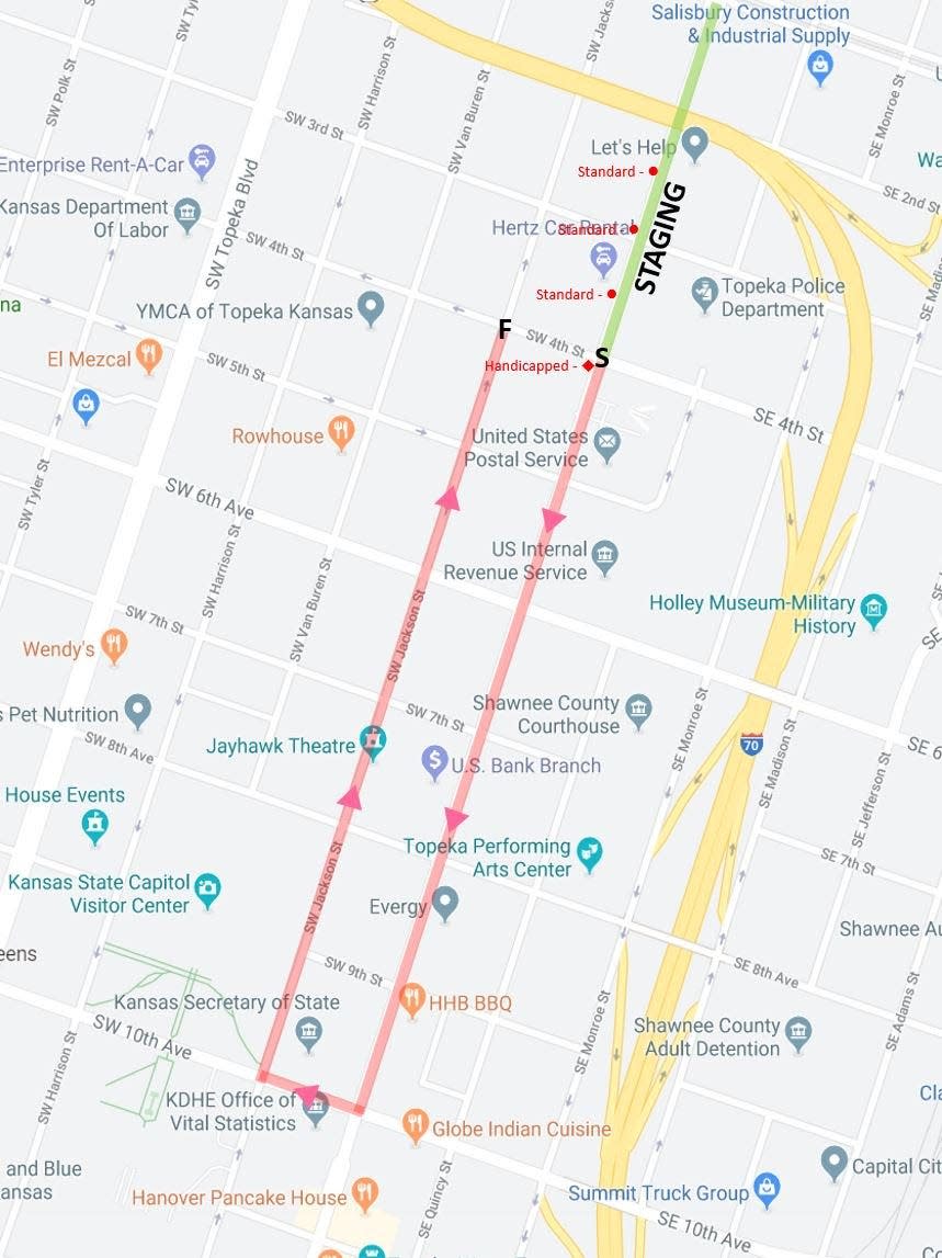 This map shows the route being taken through downtown Topeka by Saturday's annual St. Patrick's Day Parade.