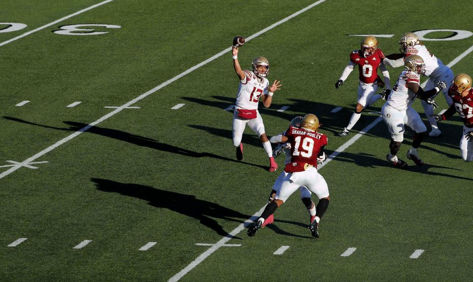 Nov 20, 2021; Chestnut Hill, Massachusetts, USA; Florida State Seminoles quarterback Jordan Travis (13) throws against the Boston College Eagles during the second half at Alumni Stadium. Mandatory Credit: Winslow Townson-USA TODAY Sports