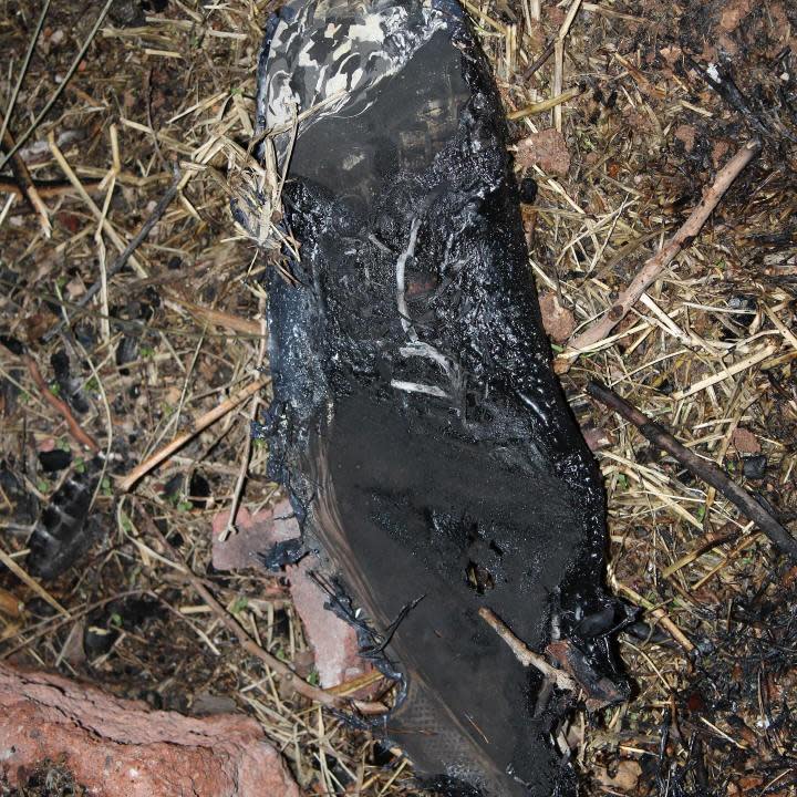 An individual in Hurricane, Utah, poured gasoline on a campfire, catching themselves on fire and starting several other small fires on Feb. 10, 2024. This image shows some burned materials after the fire. (Courtesy of Hurricane Valley Fire & Rescue)