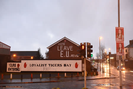 Election posters placed by the People before Profit party are seen in the Tigers Bay area of Belfast, Northern Ireland February 6, 2017. Picture taken February 6, 2017. REUTERS/Clodagh Kilcoyne