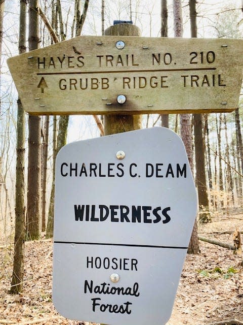 A sign for the Hayes trail in the Deam Wilderness, part of the Hoosier National Forest.