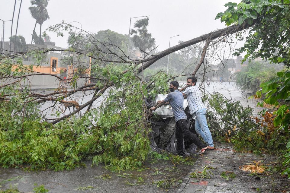 Locals clear a fallen tree from a road following the landfall process of Cyclone Tauktae, in Surat, Gujarat, on Tuesday.