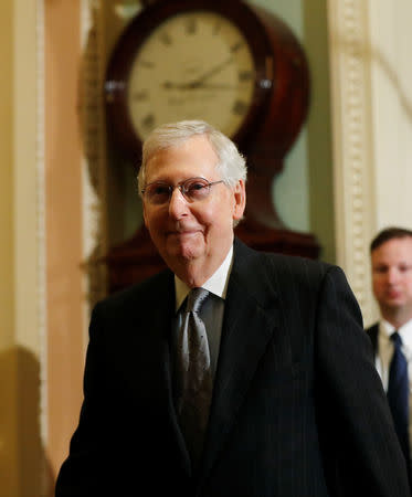U.S. Senate Majority Leader Mitch McConnell (R-KY) departs after U.S. President Donald Trump addressed a closed Senate Republican policy lunch while a partial government shutdown enters its 19th day on Capitol Hill in Washington, U.S., January 9, 2019. REUTERS/Leah Millis