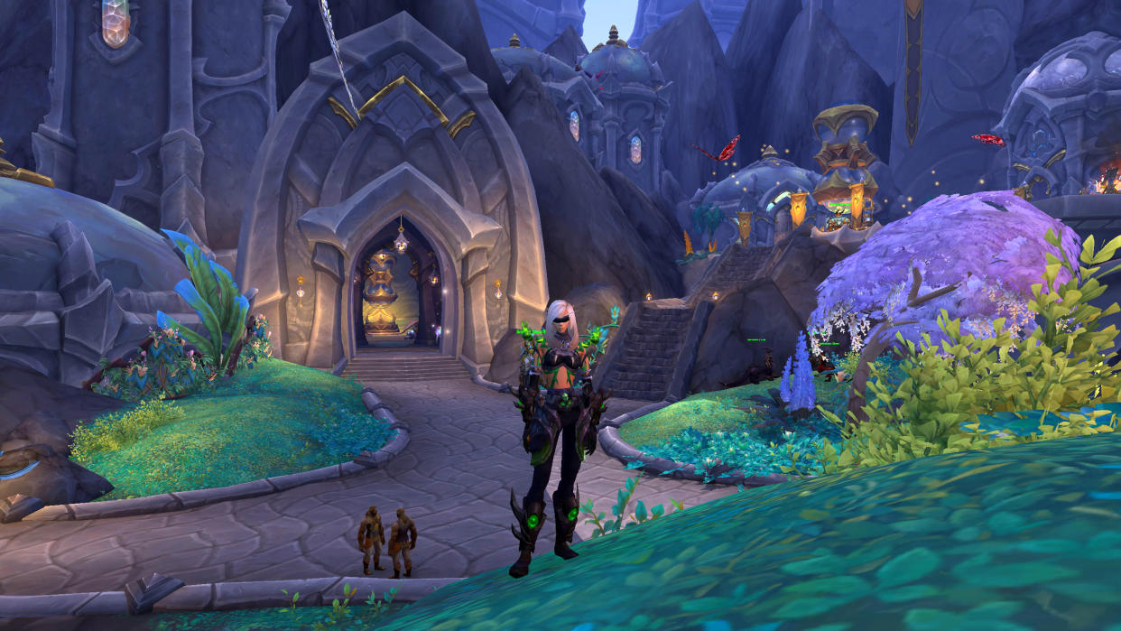  WoW Dragonflight the parting glass - a blood elf demon hunter is standing outside The Parting Glass in Valdrakken. 