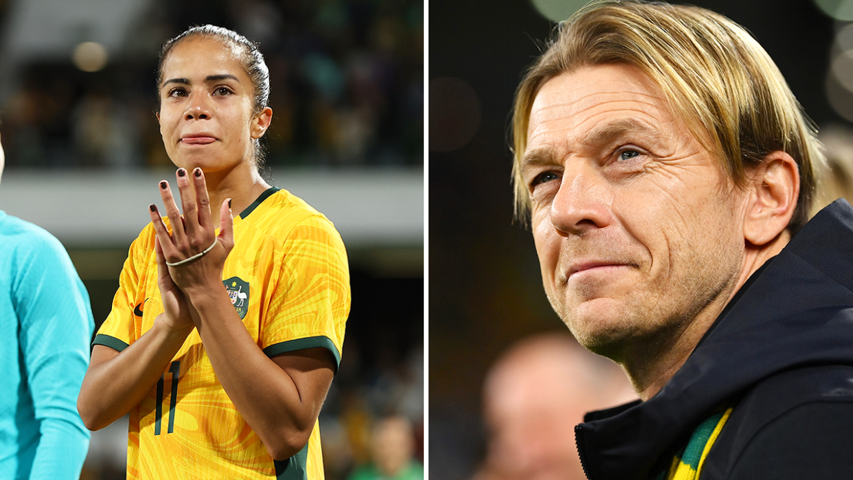 Mary Fowler applauds and Matildas coach Tony Gustavsson looks on.