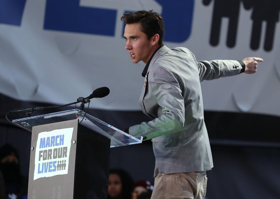 Marjory Stoneman Douglas High School student David Hogg speaks during the March For Our Lives rally on March 24, 2018 in Washington, D.C. More than 800 March For Our Lives events took place around the world to call for legislative action to address school safety and gun violence.  / Credit: Mark Wilson/Getty Images  