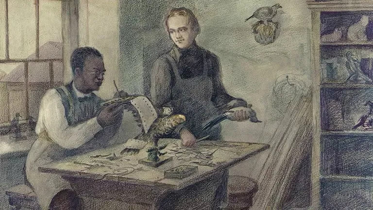 "En el taller de un taxidermista" (John Edmonstone y Charles Darwin preparando pájaros). Artista: Viktor Yevstafiev