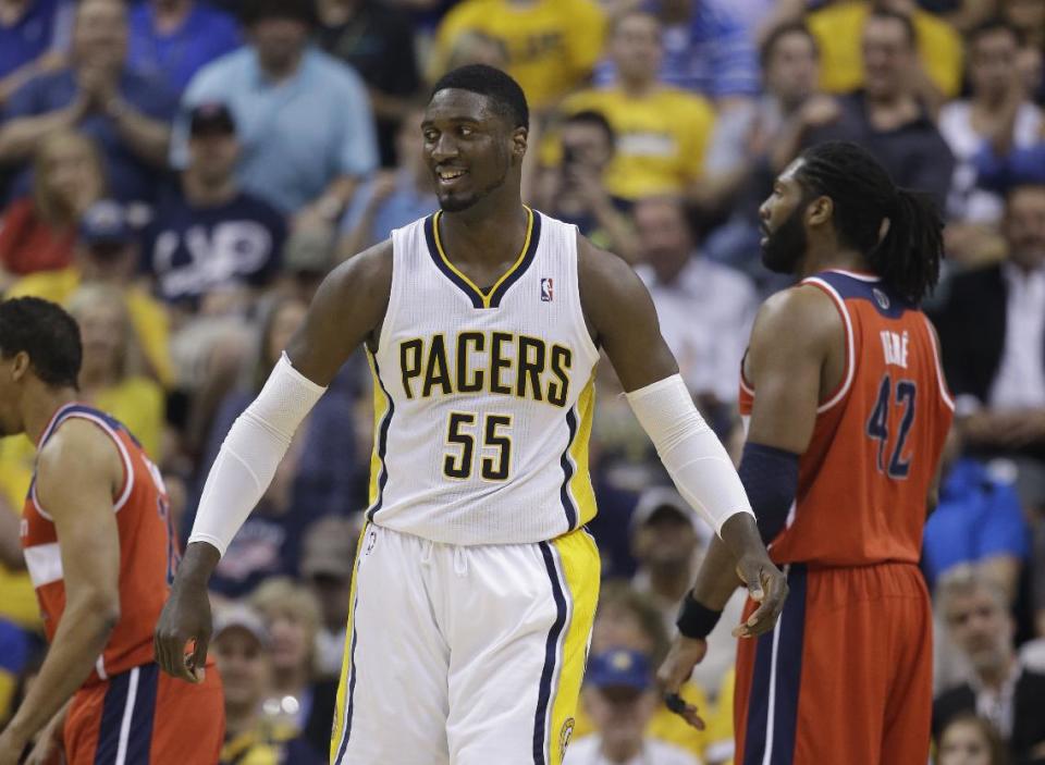 Indiana Pacers' Roy Hibbert in action during the first half of game 2 of the Eastern Conference semifinal NBA basketball playoff series against the Washington Wizards Wednesday, May 7, 2014, in Indianapolis. (AP Photo/Darron Cummings)