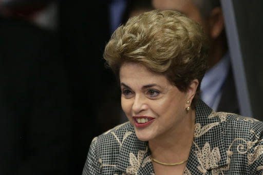 Brazil's suspended President Dilma Rousseff speaks during her impeachment trial in Brasilia, Brazil, Monday, Aug. 29, 2016.  Fighting to save her job, Rousseff told senators on Monday that the allegations against her have no merit. Rousseff's address comes on the fourth day of the trial. (AP Photo/Eraldo Peres)