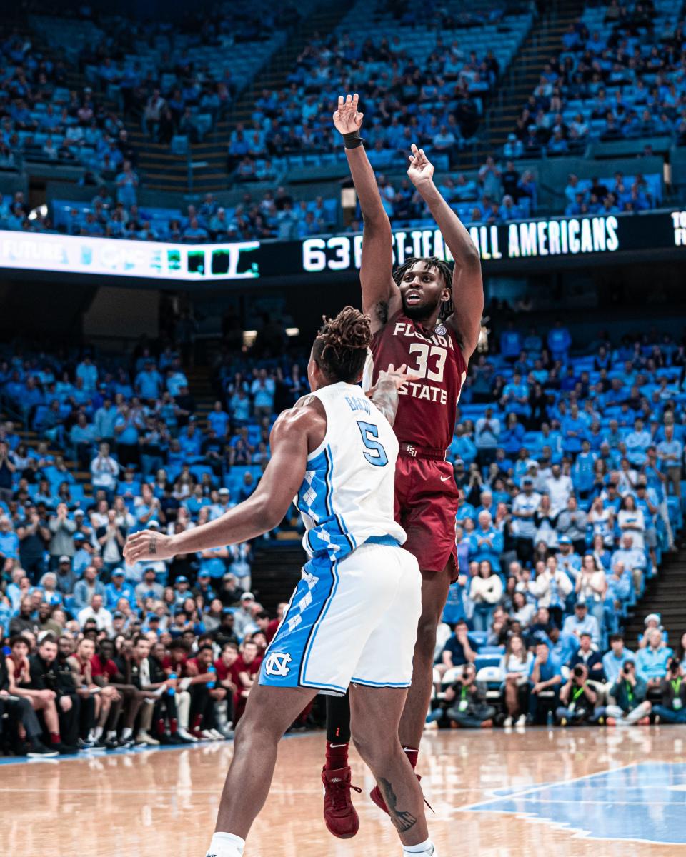 Florida State forward Jaylan Gainey (33) plays in a game against North Carolina on Dec. 2, 2023 at the Dean E. Smith Center in Chapel Hill, North Carolina.