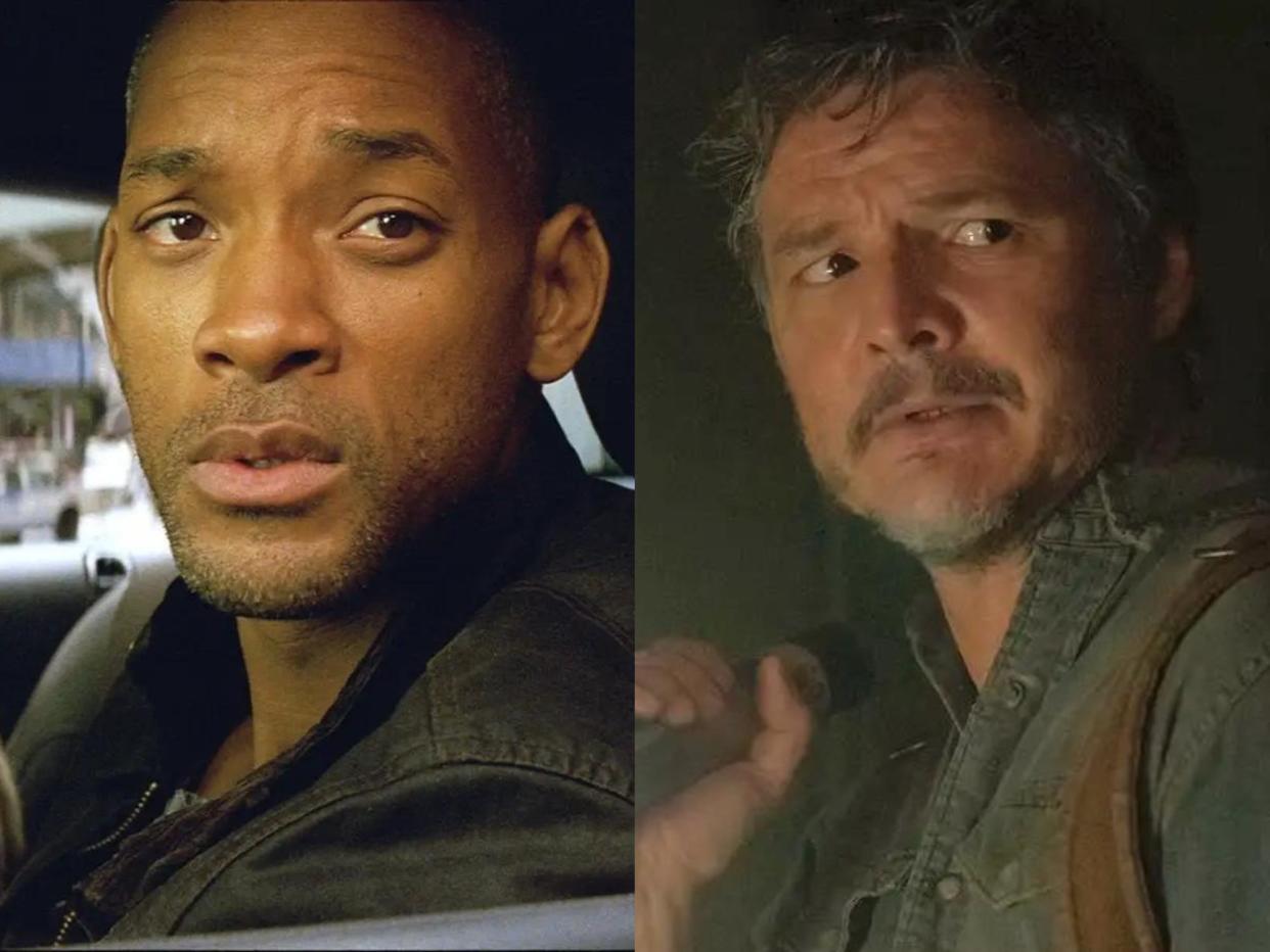 left: will smith in i am legend, sitting in the drivers seat of a car with a concerned expression on his face; right: pedro pascal in the last of us, looking warily to the side while holding a flashlight in front of him