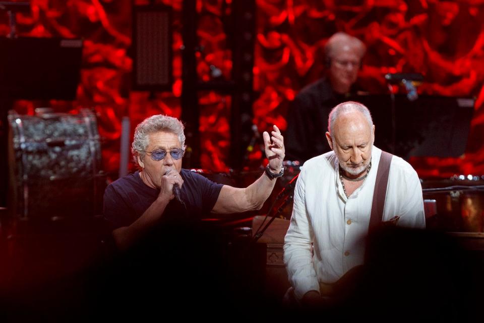 Roger Daltrey, left, and Pete Townshend of the Who at Little Caesars Arena in Detroit on their Moving On! Tour in May 2019.