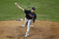 Atlanta Braves' Kyle Wright pitches during the fourth inning of a baseball game against the Philadelphia Phillies, Saturday, Aug. 8, 2020, in Philadelphia. (AP Photo/Matt Slocum)