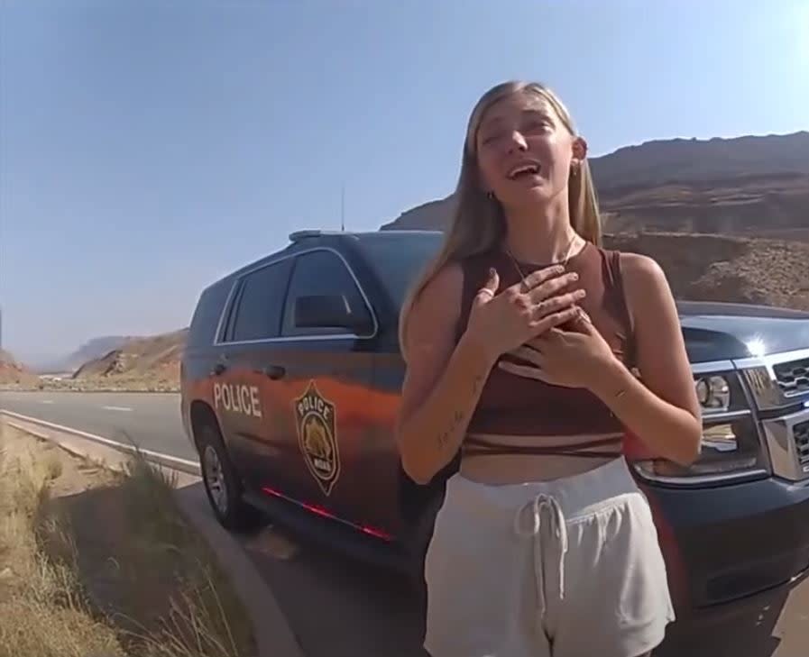 Police have released body-worn camera footage showing an emotional Gabby Petito after officers were called to a report of the couple fighting before her disappearance  Credit: Moab City Police Department (Moab City Police Department)