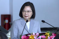 Taiwan President Tsai Ing-wen speaks during a visit to the Penghu Magong military air base in outlying Penghu Island, Taiwan Tuesday, Sept. 22, 2020. Tsai visited the military base on one of Taiwan’s outlying islands Tuesday in a display of resolve following a recent show of force by rival China. (AP Photo/Johnson Lai)