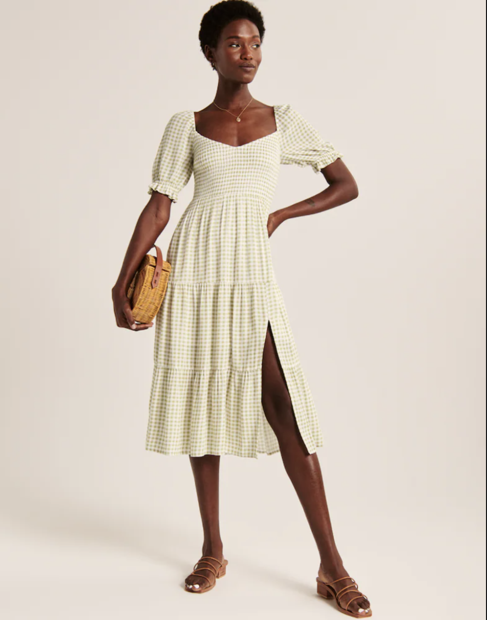 fall-dresses-Abercrombie and Fitch ​​Short-Sleeve Smocked Midi Dress