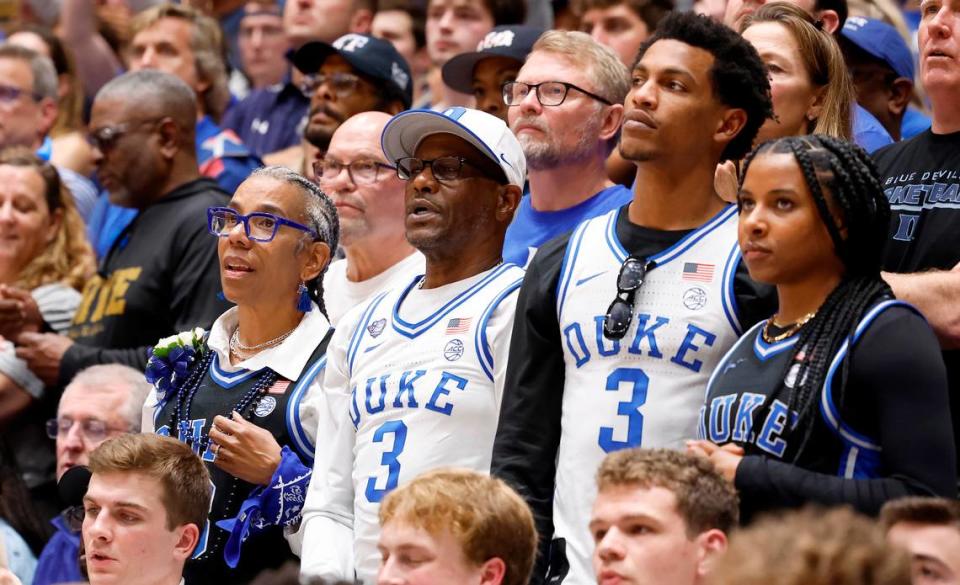 Duke’s Jeremy Roach’s family, from left, mother Carole, father Joe, brother Jordan and sister Chloe watch during the second half of UNC’s 84-79 victory over Duke at Cameron Indoor Stadium in Durham, N.C., Saturday, March 9, 2024.