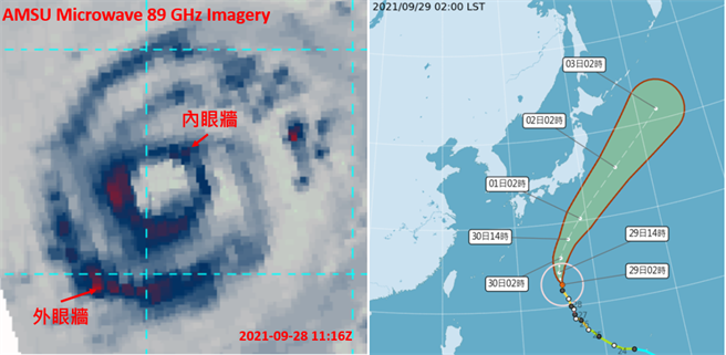 昨(28日)晚7點微波頻道雲圖(左圖)顯示，雙眼牆的置換過程仍在進行。中央氣象局今(29)日2時「路徑潛勢預測圖」(右圖)顯示，「蒲公英」在琉球東南方海面，向北北西轉北前進，未來在日本南方海面大迴轉。(左圖擷自RAMMB)

