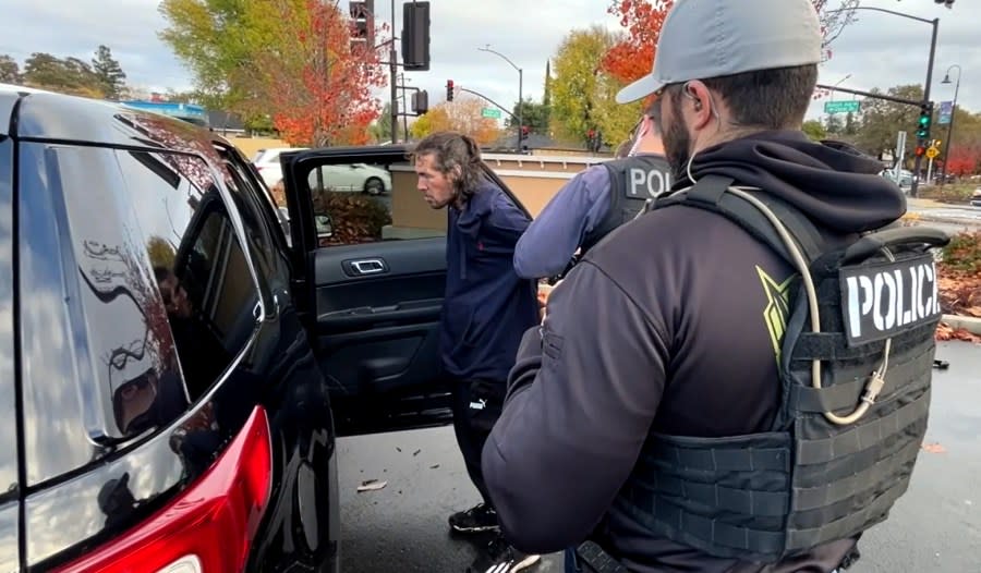 Pleasant Hill Police Department officers handcuff Jesse Leonardo Otero on Dec. 8, 2023. (KRON4 photo)