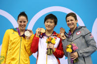 Silver medallist Alicia Coutts of Australia, gold medallist Shiwen Ye of China and bronze medallist Caitlin Leverenz of the USA pose on the podium during the medal ceremony during the medal ceremony in the Women's 200m Individual Medley final on Day 4 of the London 2012 Olympic Games at the Aquatics Centre on July 31, 2012 in London, England.