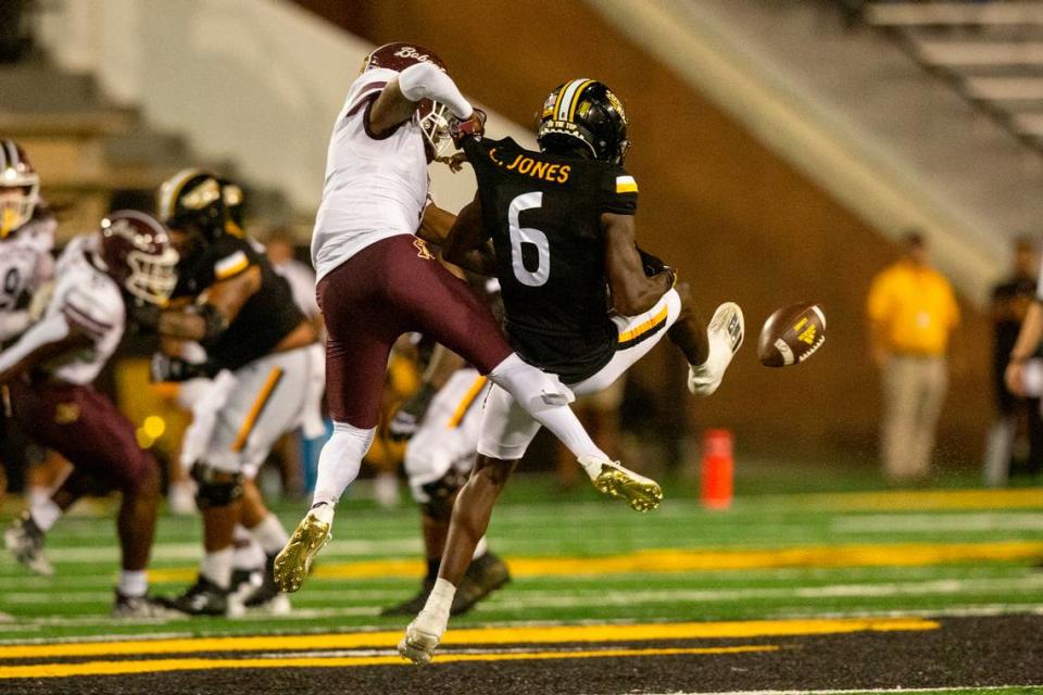 Southern Miss Golden Eagles wide receiver Latreal Jones (6) misses a pass during a game against Texas State at M.M. Roberts Stadium in Hattiesburg on Saturday, Sept. 30, 2023. Hannah Ruhoff/Sun Herald