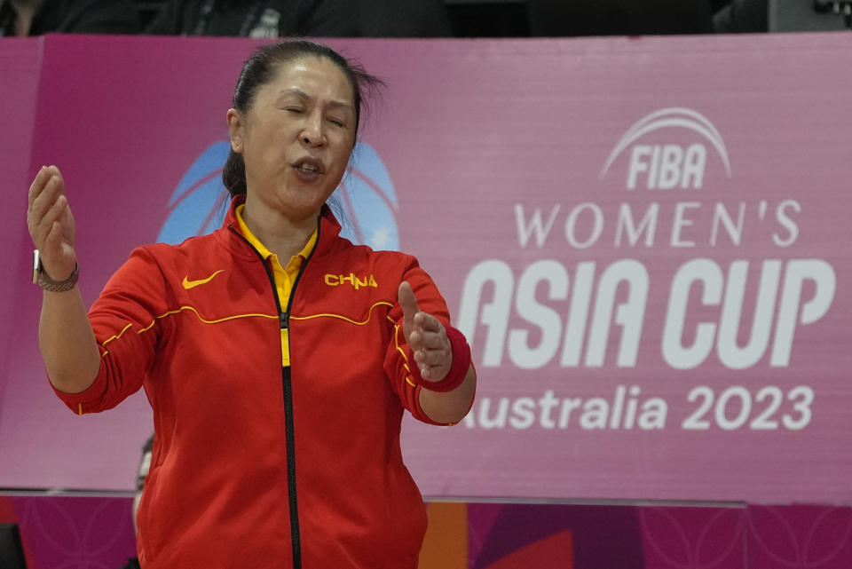 China's coach Zhang Wei reacts during the Asia Cup women's basketball final between China and Japan in Sydney, Australia, Sunday, July 2, 2023. (AP Photo/Mark Baker)