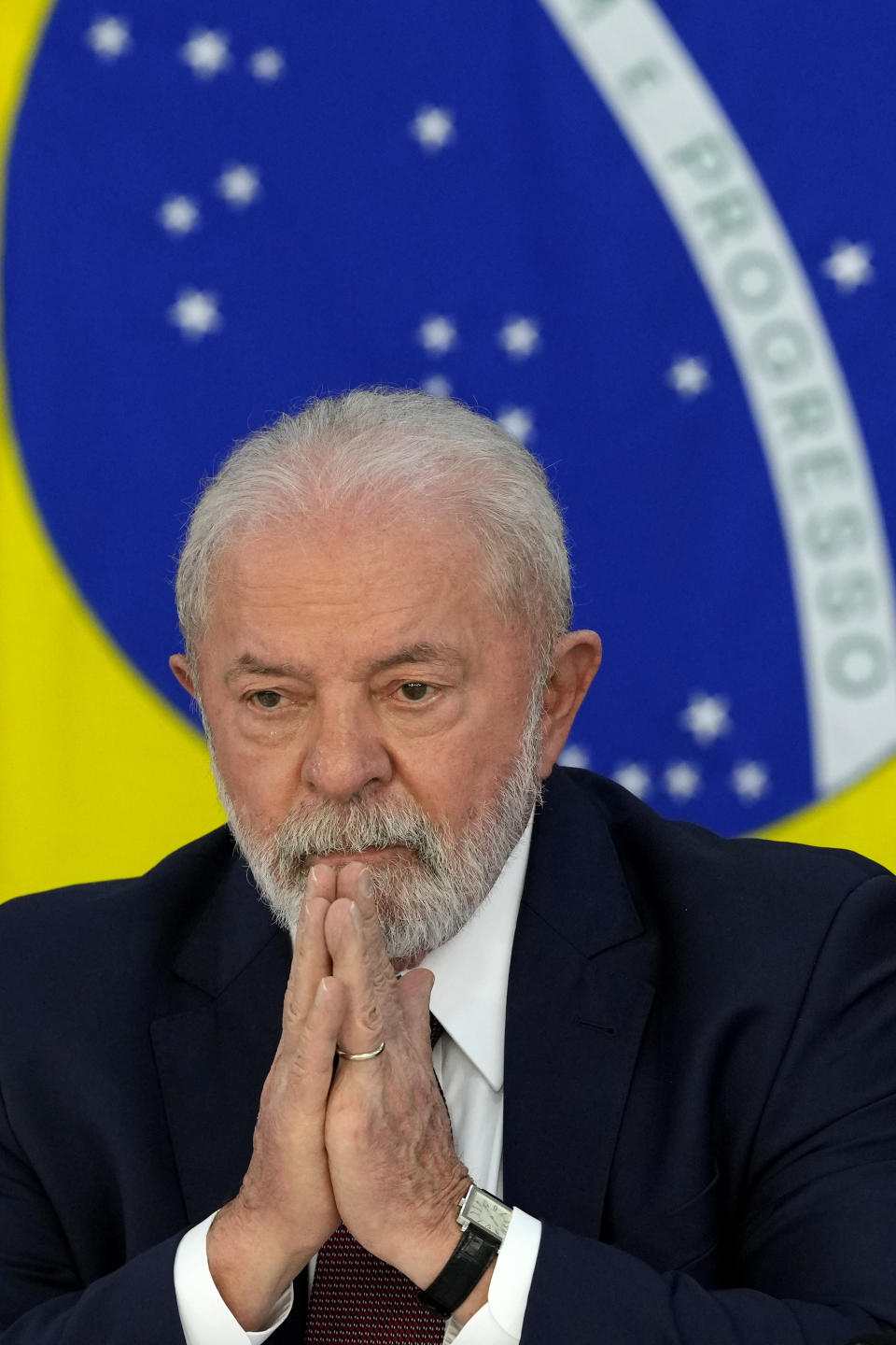 Brazil's President Luiz Inacio Lula da Silva attends a meeting regarding school security, at the Planalto Palace in Brasilia, Brazil, Tuesday, April 18, 2023. Educators, government security officials and school administrators have gathered to devise plans to deal with a wave of school violence that has left at least 4 children and one teacher dead. (AP Photo/Eraldo Peres)