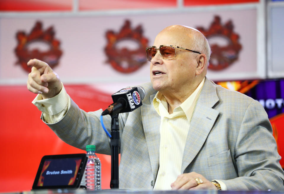 FORT WORTH, TX - APRIL 11:   Speedway Motorsports Inc. owner/CEO Bruton Smith speaks to the media at Texas Motor Speedway on April 11, 2013 in Fort Worth, Texas.  (Photo by Ronald Martinez/Getty Images for Texas Motor Speedway)