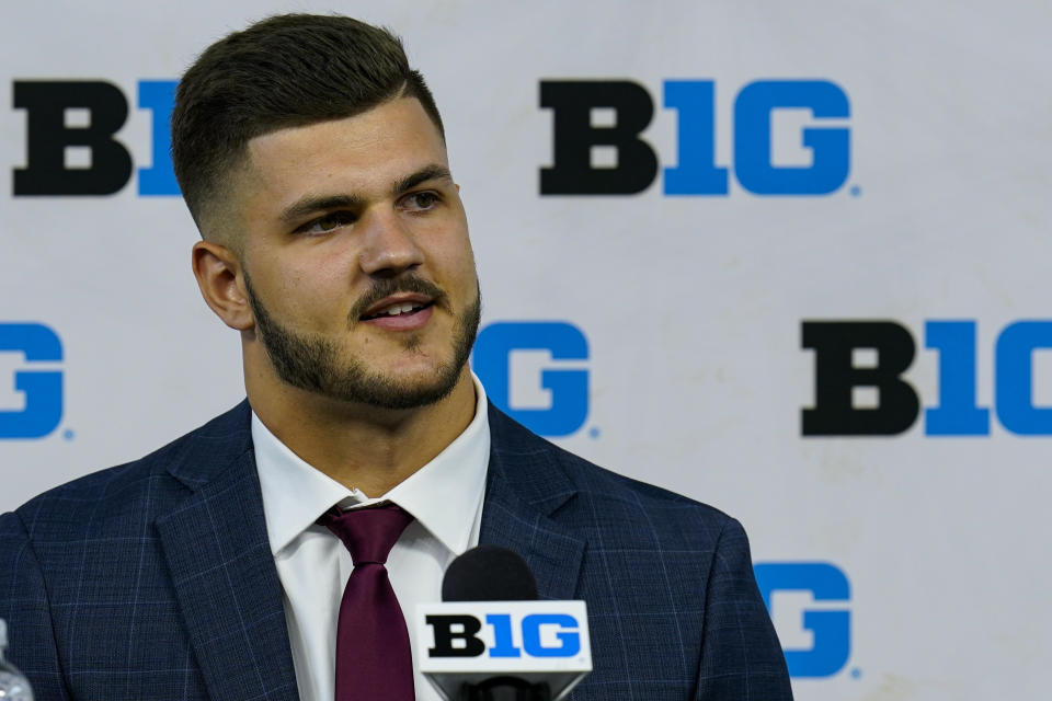 Ohio State tight end Jeremy Ruckert talks to reporters during an NCAA college football news conference at the Big Ten Conference media days, at Lucas Oil Stadium in Indianapolis, Friday, July 23, 2021. (AP Photo/Michael Conroy)