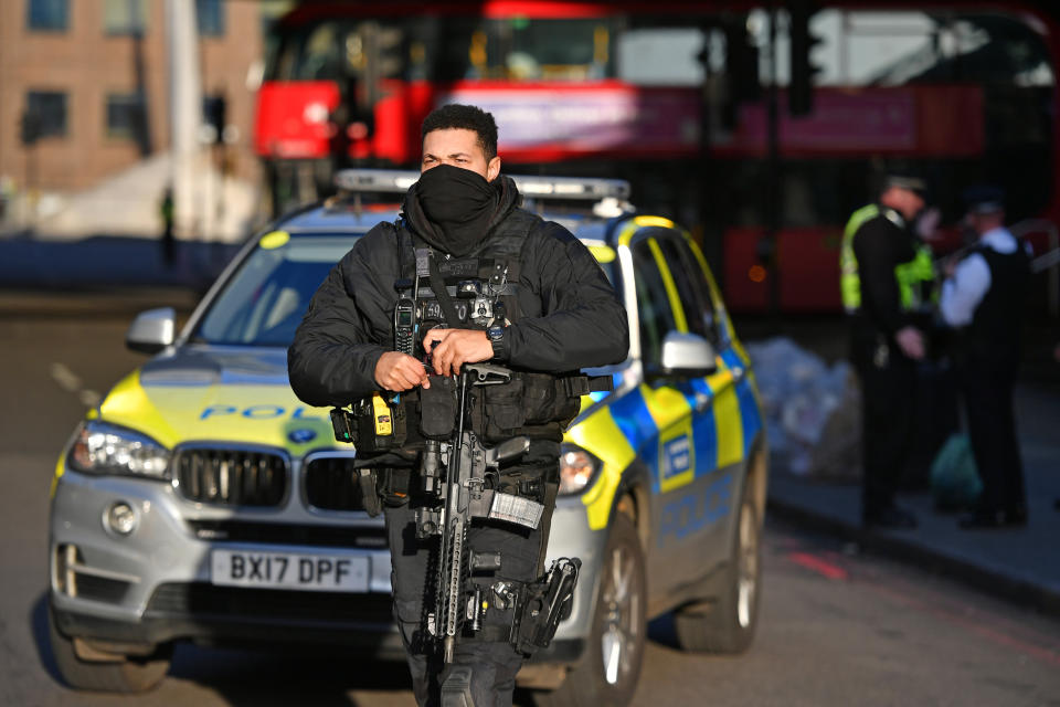 Armed police and emergency services at the scene of an incident on London Bridge in central London.