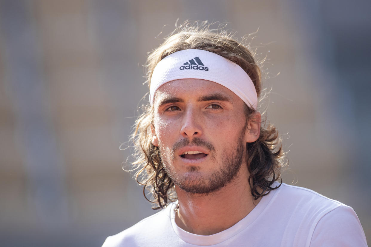 Stefanos Tsitsipas looks on during training on Court Philippe Chatrier in preparation for the 2022 French Open. (Tim Clayton/Corbis via Getty Images)