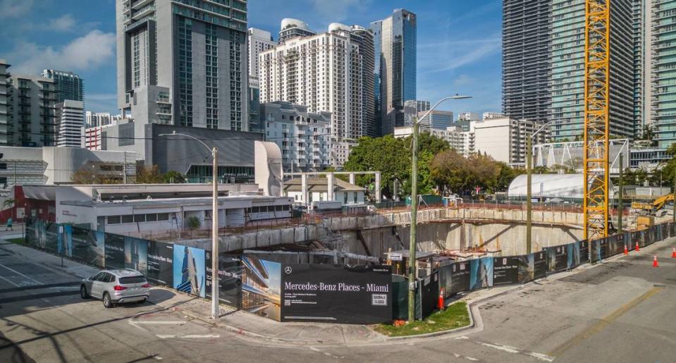 View of the Southside Park construction site for Mercedes-Benz Places Miami and the city of Miami’s Fire Station 4 in Brickell on April 2, 2024.