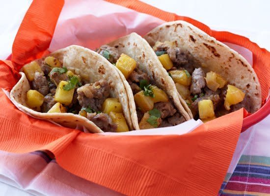 <strong>Get the <a href="http://www.huffingtonpost.com/2011/10/27/sauteed-sausage-and-pinea_n_1060918.html" target="_hplink">Sauteed Sausage and Pineapple Tacos</a> recipe from Frances Janisch</strong>