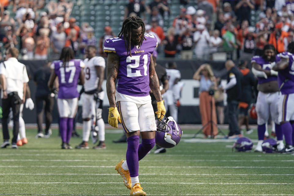 Minnesota Vikings defensive back Bashaud Breeland (21) walks off the field after losing to the Cincinnati Bengals in overtime of an NFL football game, Sunday, Sept. 12, 2021, in Cincinnati. (AP Photo/Jeff Dean)